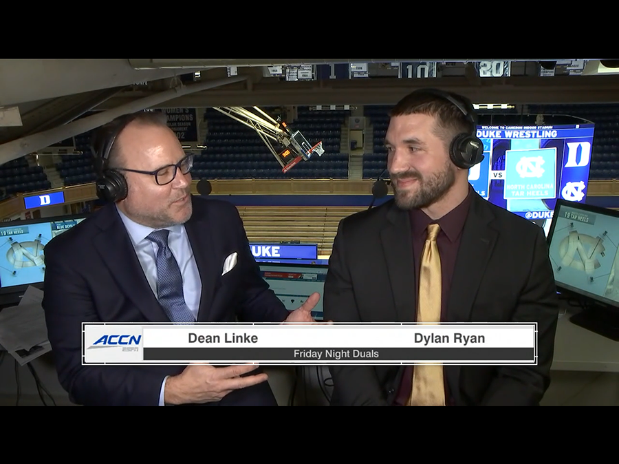 Dean Linke (left) and Dylan Ryan, MD (right) in the booth for ACC Network.