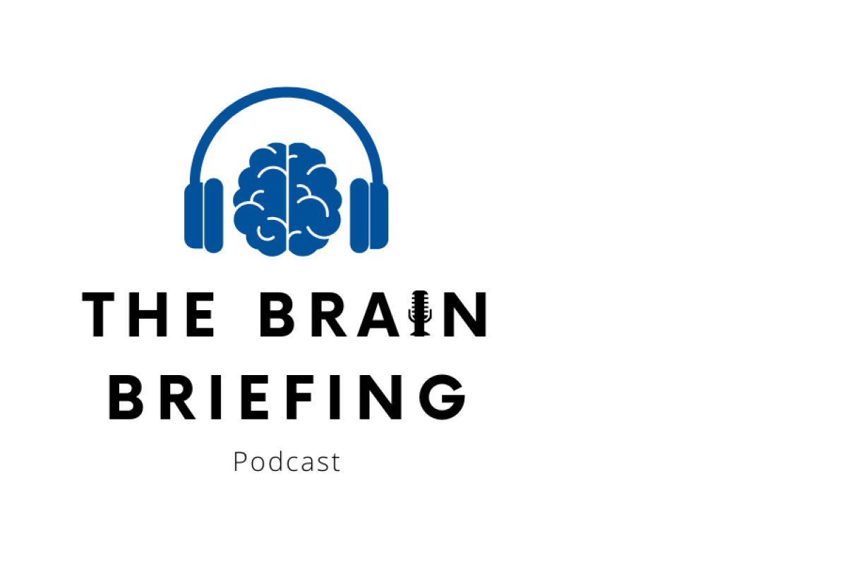 The Brain Briefing Logo: Cartoon brain with headphones around it