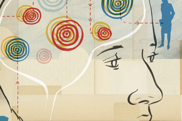 art line drawing of a human face and circles within an outline of a brain.