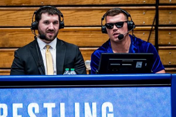 Dylan Ryan, MD and Jacob Kasper commentating on the ACC Wrestling Championships.