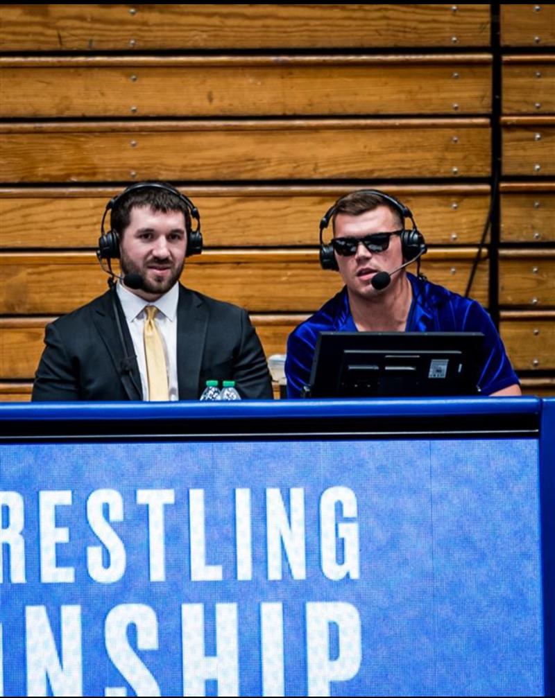 Dylan Ryan, MD and Jacob Kasper commentating on the ACC Wrestling Championships.