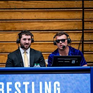 Dylan Ryan, MD and Jacob Kasper commentating on the ACC Wrestling Championships.